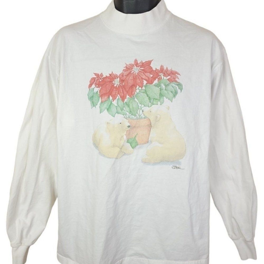 Polar Bears T Shirt Vintage 90s Poinsettias Animal Nature Tee Mens Size Large